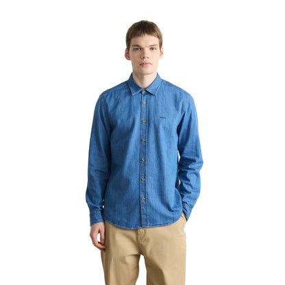 Navy - Side - Boss Mens Liam Embroidered Denim Point Collar Shirt