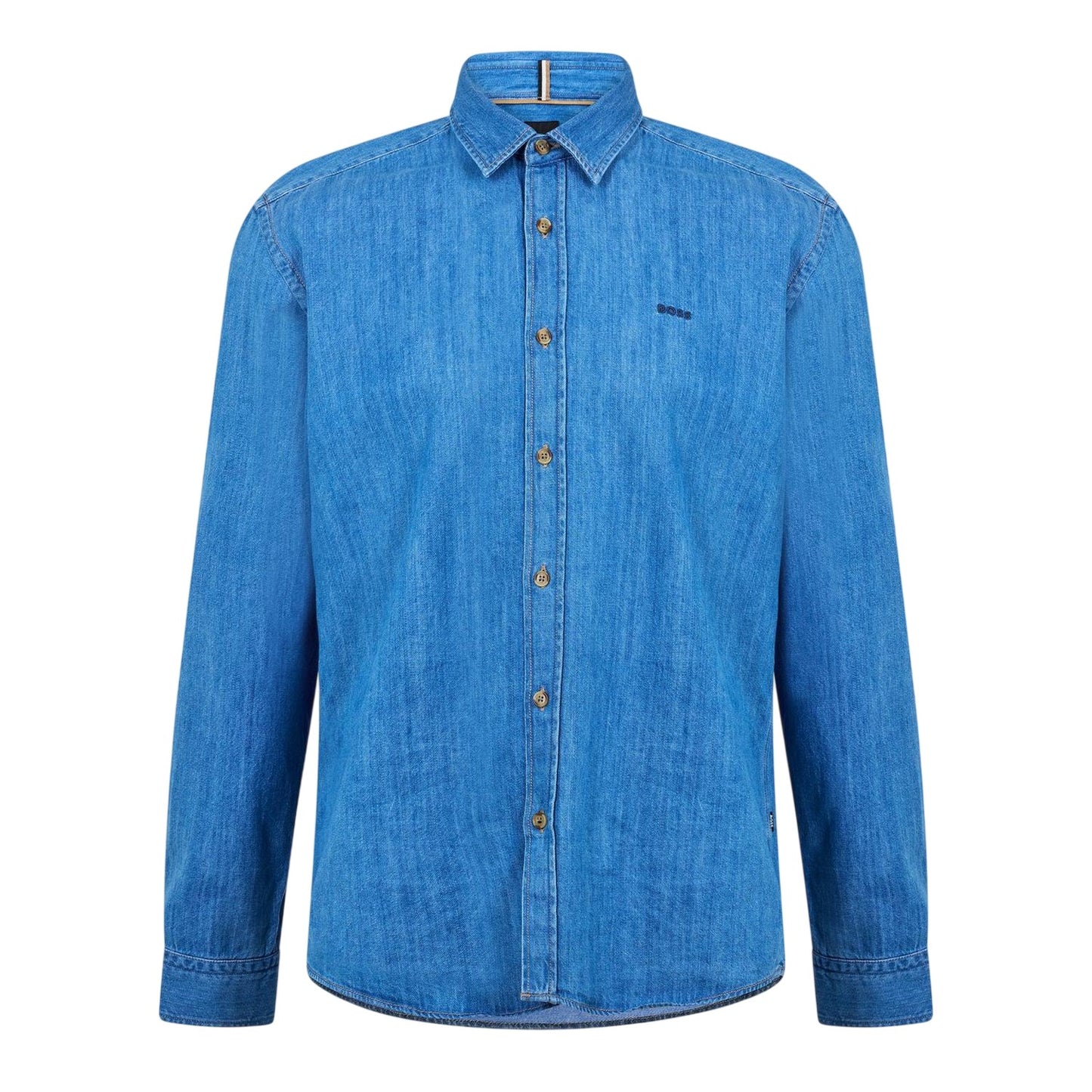 Navy - Front - Boss Mens Liam Embroidered Denim Point Collar Shirt