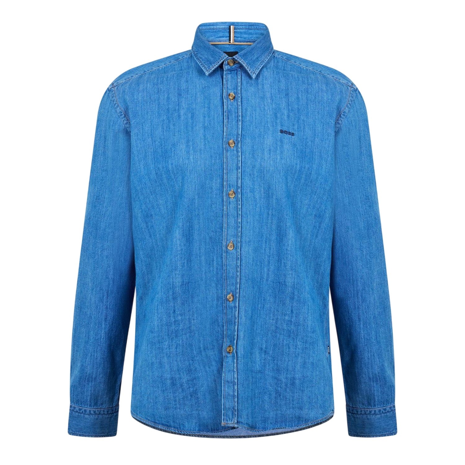 Navy - Front - Boss Mens Liam Embroidered Denim Point Collar Shirt
