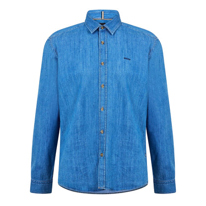Navy - Front - Boss Mens Liam Embroidered Denim Point Collar Shirt