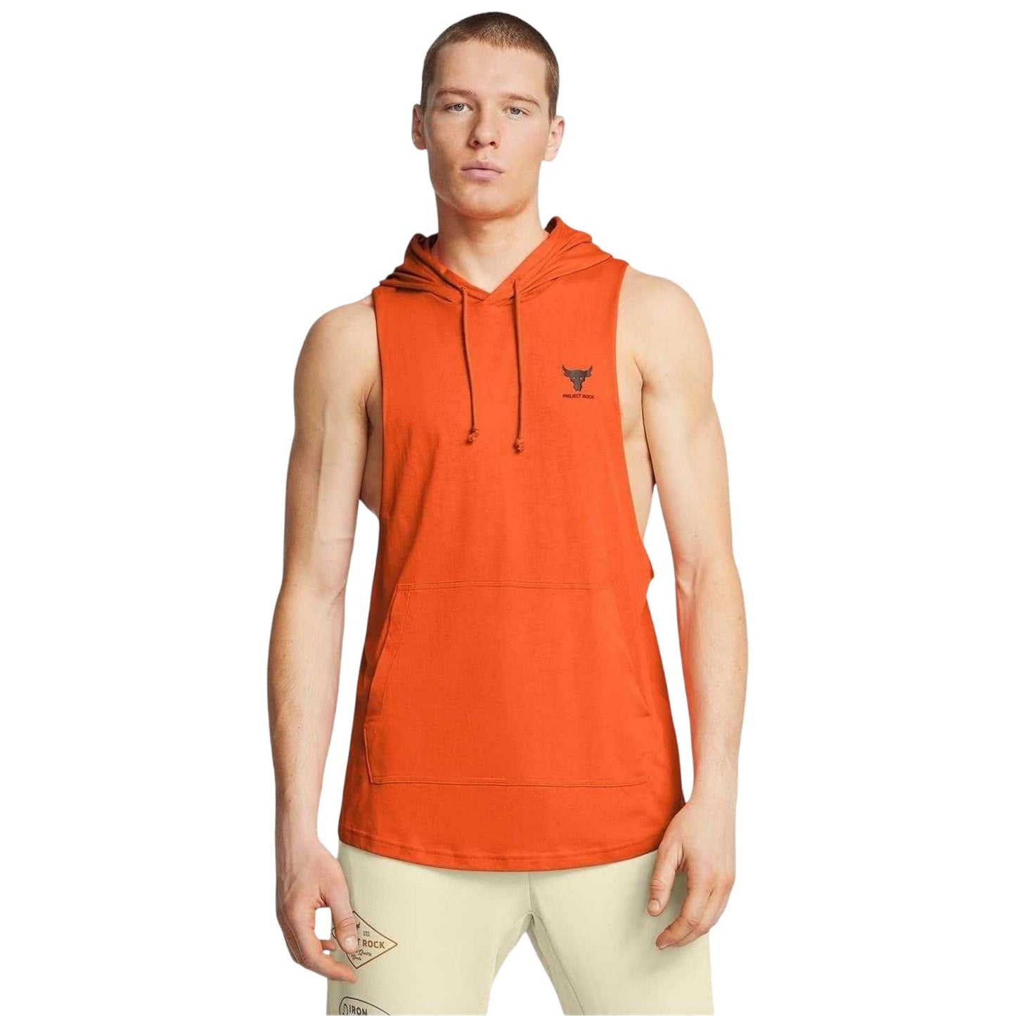 Orange - Side - Under Armour Mens Project Rock Payoff Sleeveless Hoodie