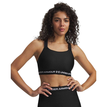 Black-White - Side - Under Armour Womens-Ladies HeatGear Medium Impact Sports Bra