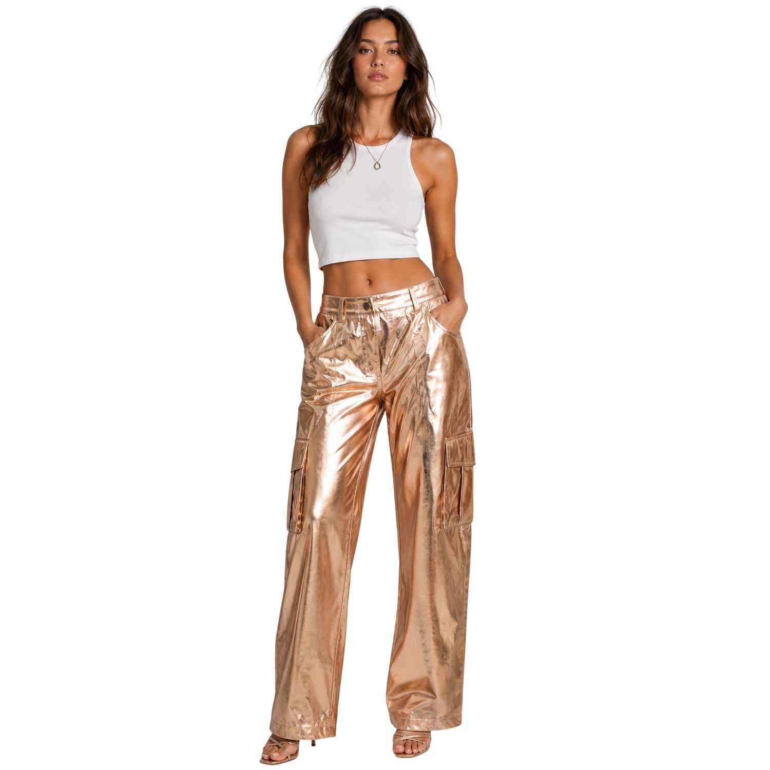 Rose Gold - Side - AmyLynn Womens-Ladies Metallic Straight Leg Cargo Trousers