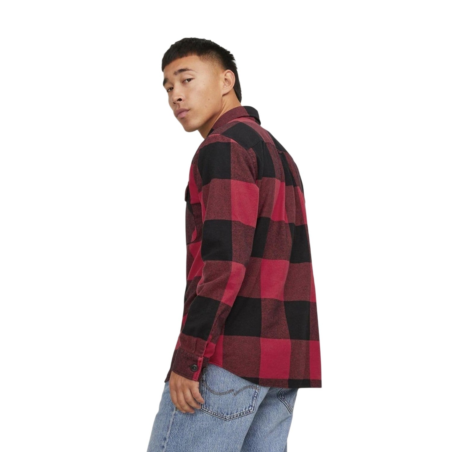 True Red - Back - Jack And Jones Mens Buffalo Check Flannel Long-Sleeved Overshirt