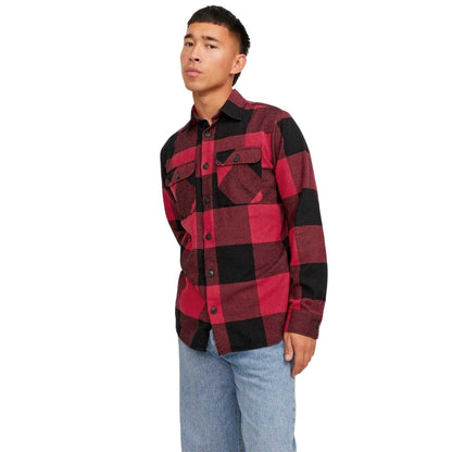 True Red - Side - Jack And Jones Mens Buffalo Check Flannel Long-Sleeved Overshirt