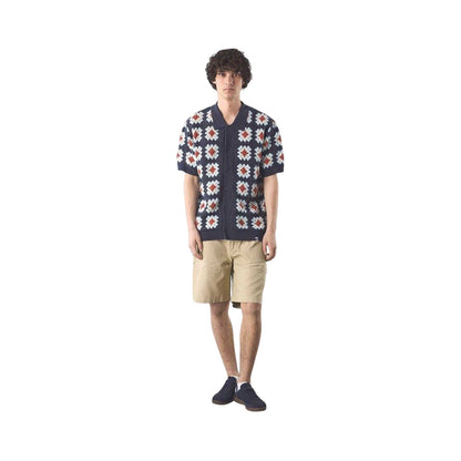 Navy - Side - Pretty Green Mens Timperley Geometric Crochet Tailored Shirt
