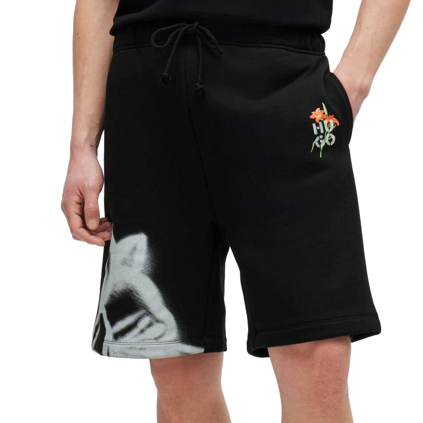Black - Side - Hugo Boss Mens Diflowos Cotton Blend Floral Relaxed Fit Shorts