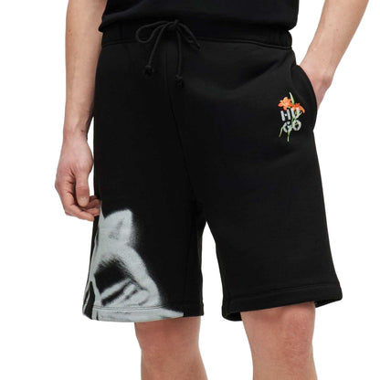 Black - Side - Hugo Boss Mens Diflowos Cotton Blend Floral Relaxed Fit Shorts