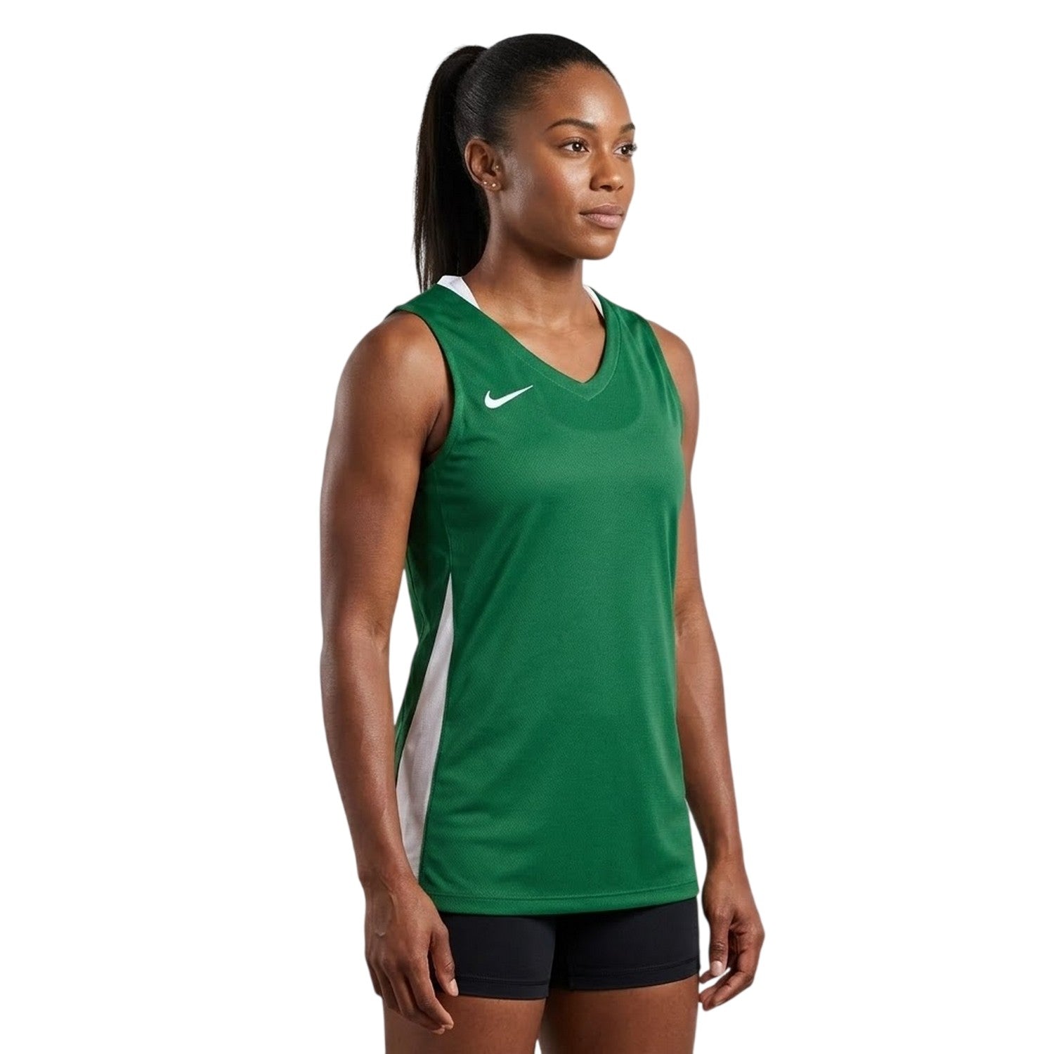 Pine Green-White - Side - Nike Womens-Ladies Contrast Panel Sleeveless Jersey