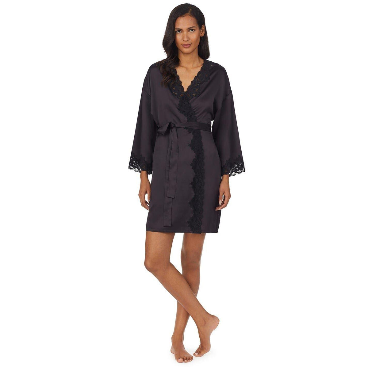 Black - Front - Ralph Lauren Womens-Ladies Satin Lace Trim Robe