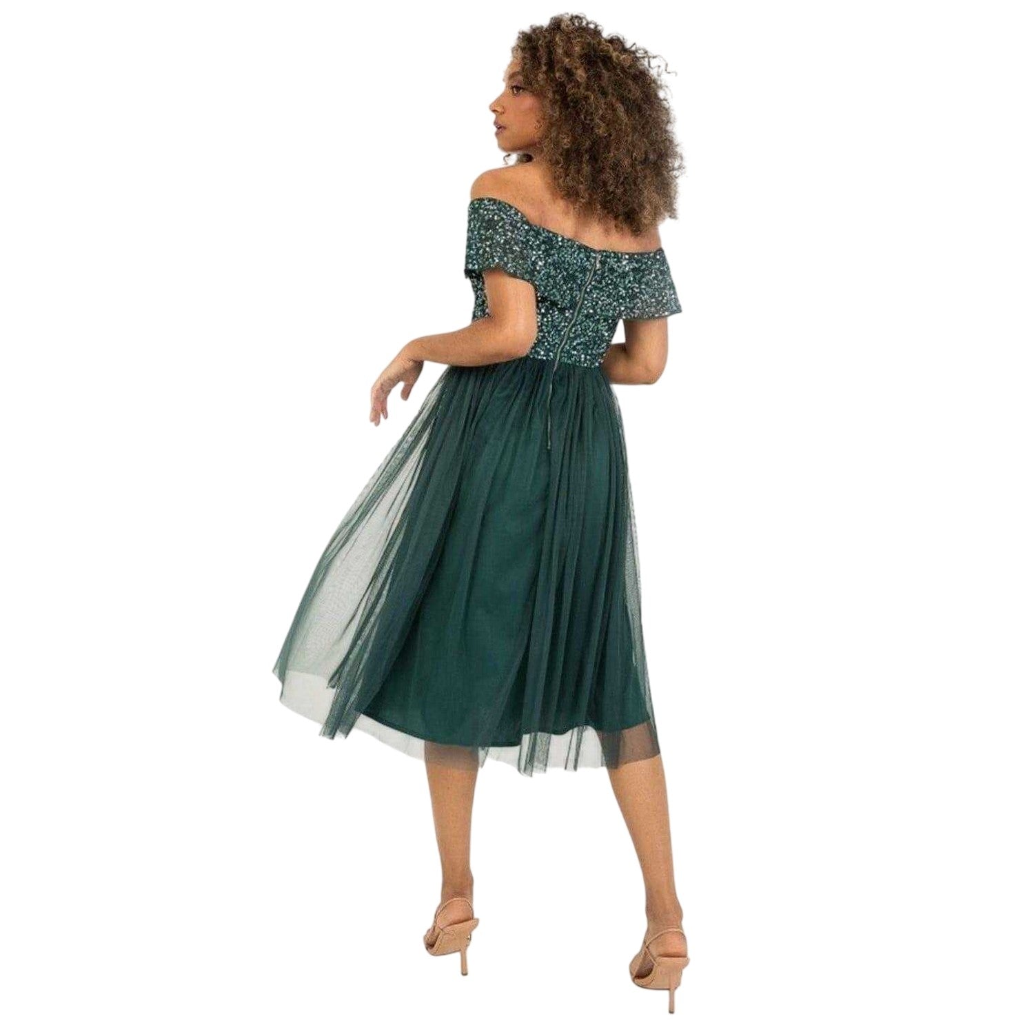 Emerald - Back - Maya Deluxe Womens-Ladies Sequin Bardot Short-Sleeved Midi Dress