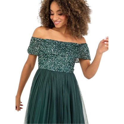 Emerald - Side - Maya Deluxe Womens-Ladies Sequin Bardot Short-Sleeved Midi Dress