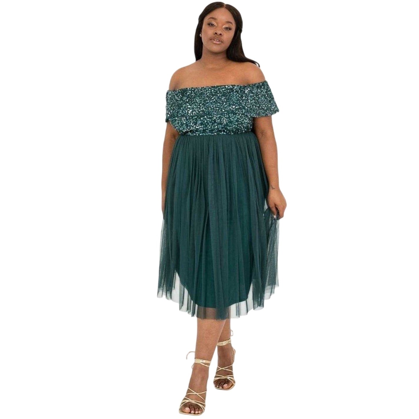 Emerald - Lifestyle - Maya Deluxe Womens-Ladies Sequin Bardot Short-Sleeved Midi Dress