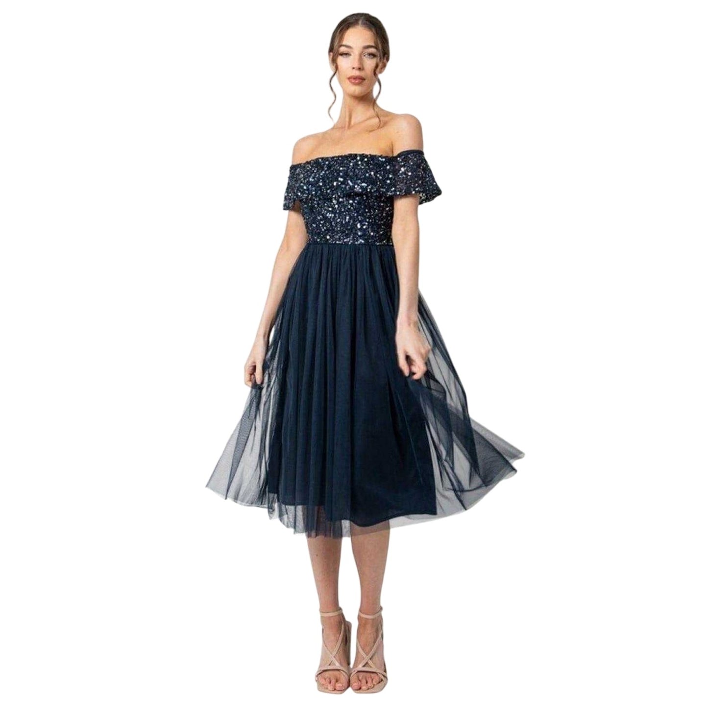 Navy - Front - Maya Deluxe Womens-Ladies Sequin Bardot Short-Sleeved Midi Dress