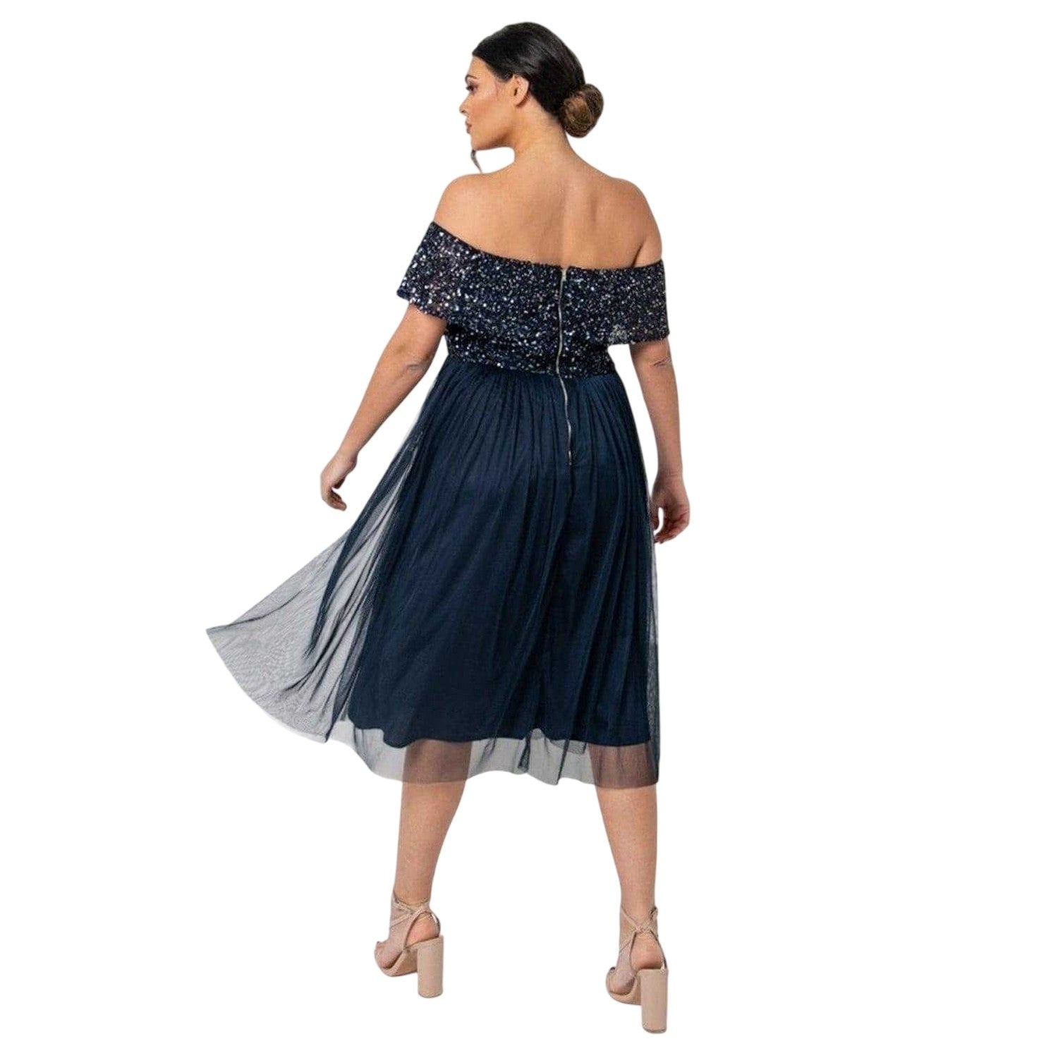 Navy - Back - Maya Deluxe Womens-Ladies Sequin Bardot Short-Sleeved Midi Dress