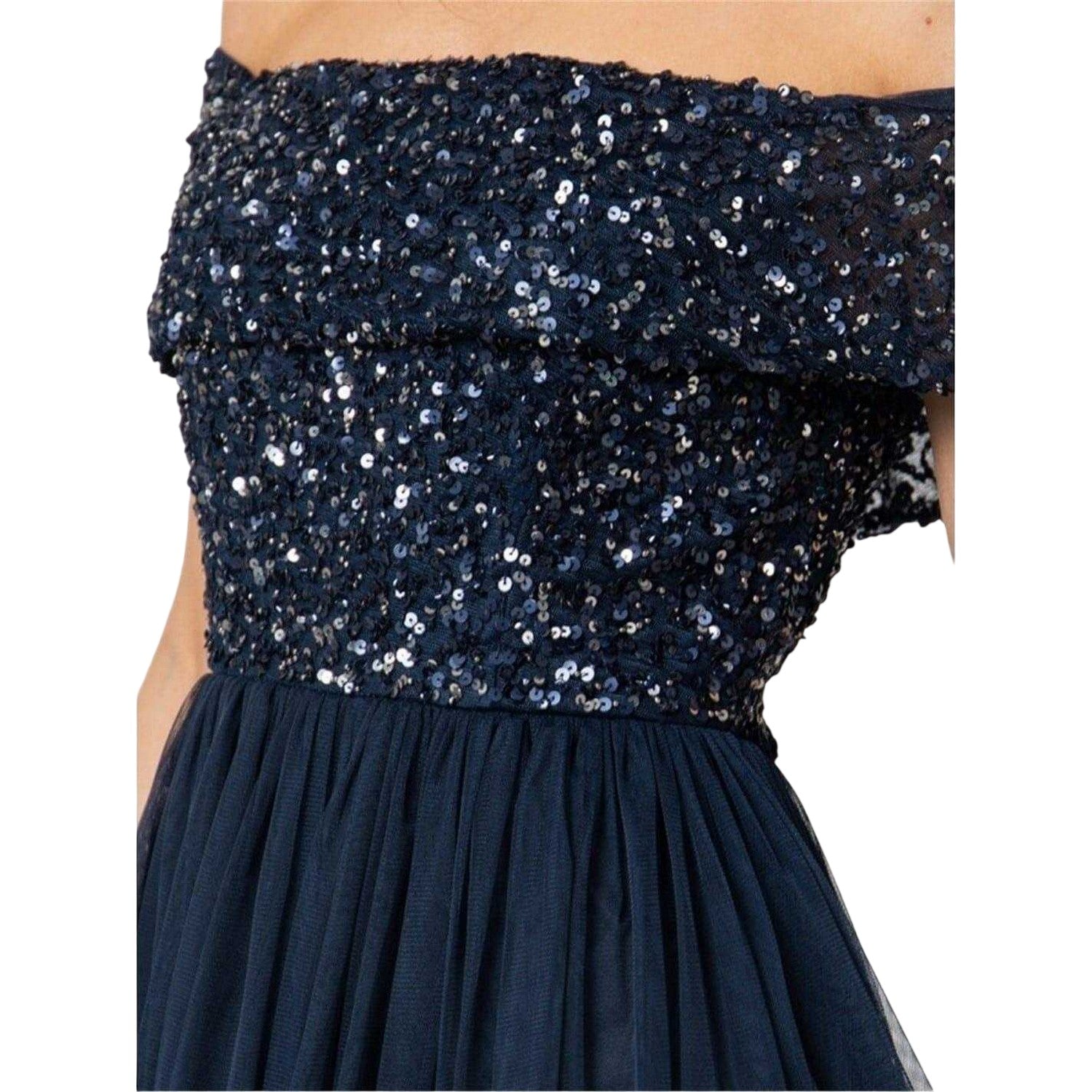 Navy - Side - Maya Deluxe Womens-Ladies Sequin Bardot Short-Sleeved Midi Dress