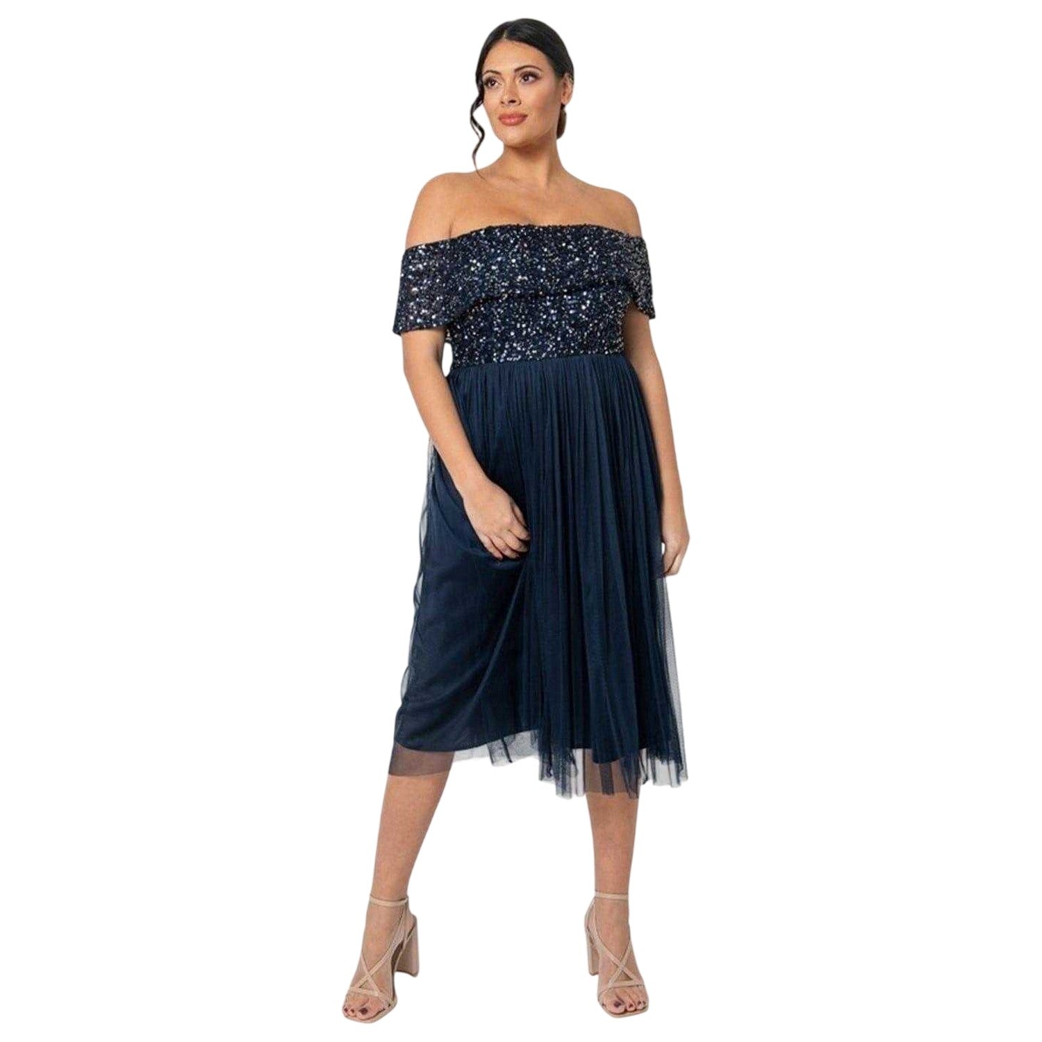 Navy - Lifestyle - Maya Deluxe Womens-Ladies Sequin Bardot Short-Sleeved Midi Dress