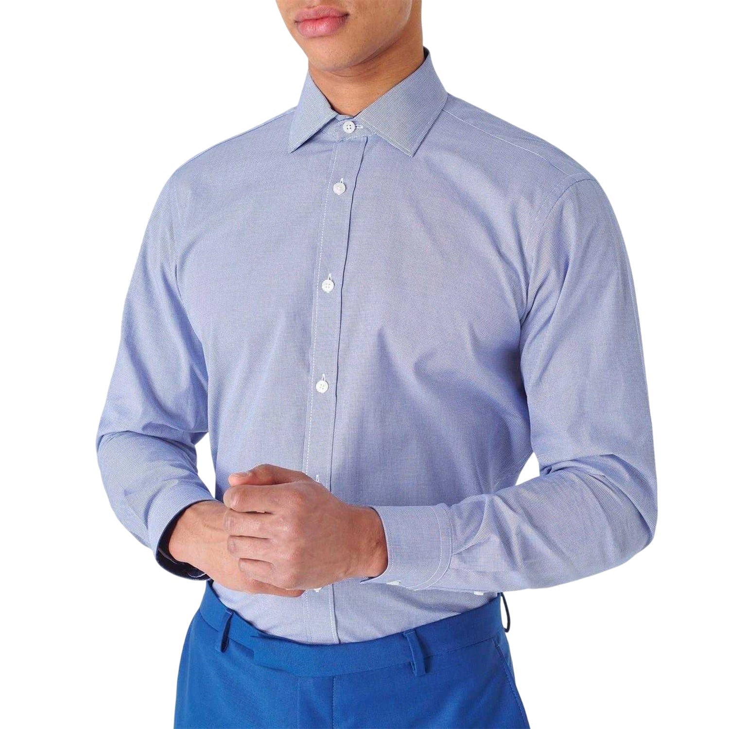 Navy - Side - Haines and Bonner Mens Puppytooth Tailored Long-Sleeved Shirt