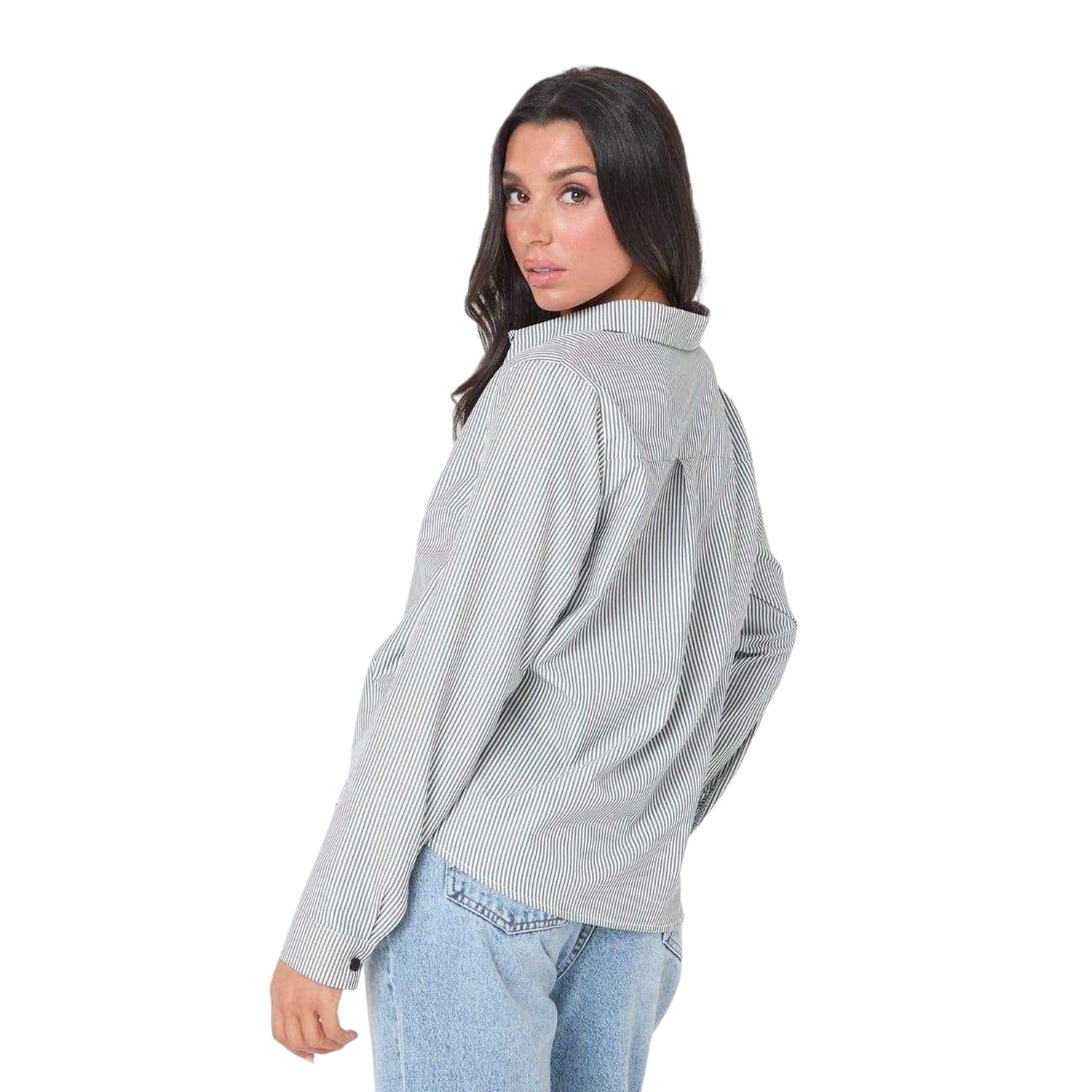 Black-White - Back - I Saw It First Womens-Ladies Pinstripe Long-Sleeved Shirt