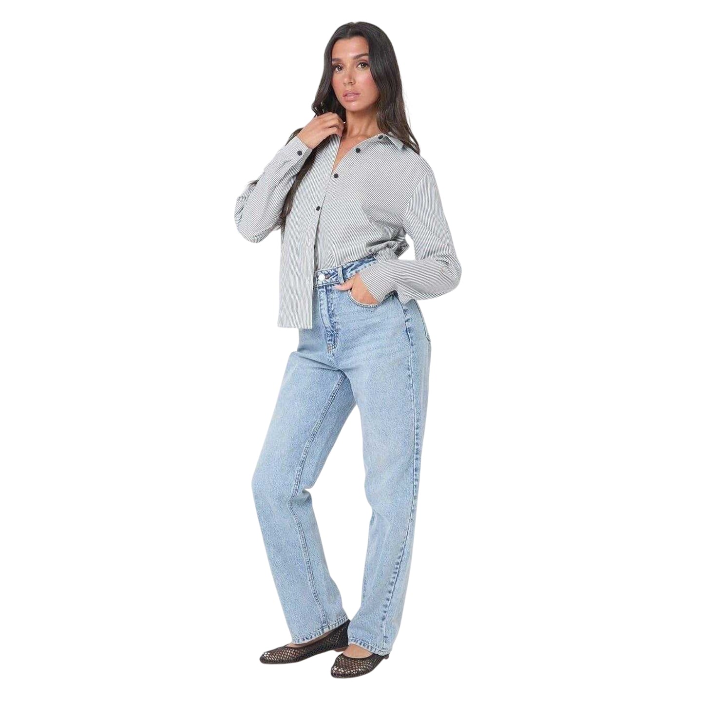 Black-White - Side - I Saw It First Womens-Ladies Pinstripe Long-Sleeved Shirt