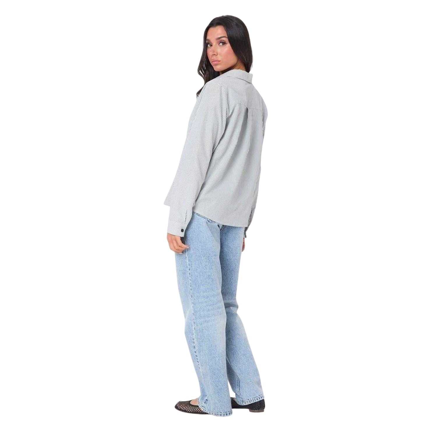 Black-White - Lifestyle - I Saw It First Womens-Ladies Pinstripe Long-Sleeved Shirt