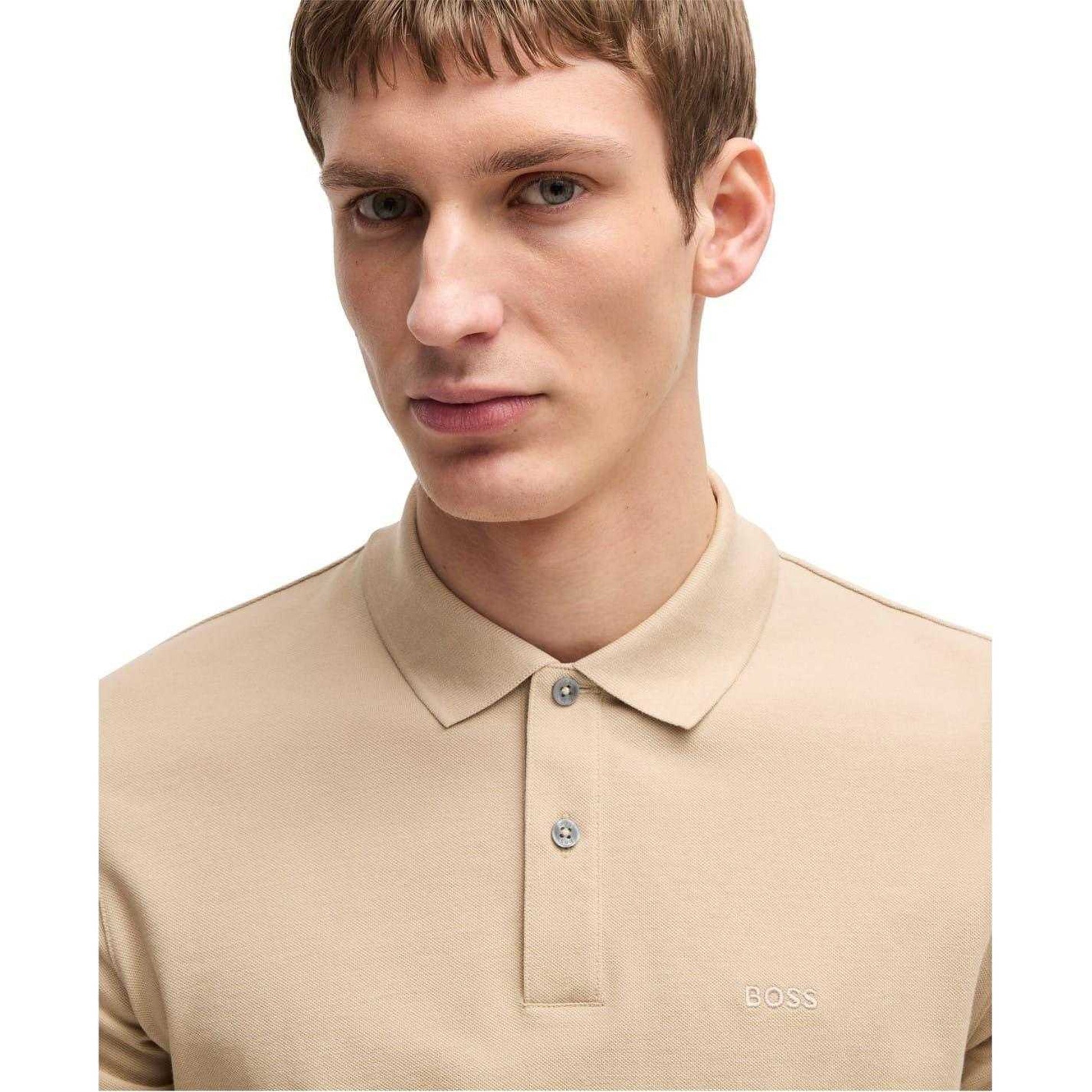 Light Beige - Side - Boss Mens Pallas Embroidered Logo Cotton Polo Shirt