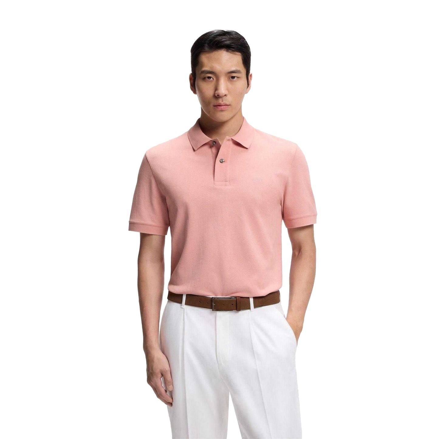 Pink - Side - Boss Mens Pallas Embroidered Logo Cotton Polo Shirt