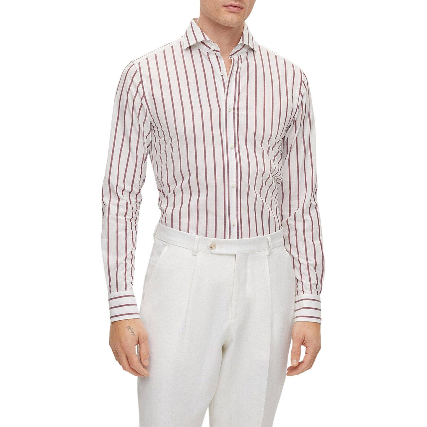 Dark Red - Side - Boss Mens Striped Spread Collar Long-Sleeved Shirt