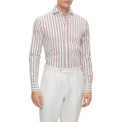 Dark Red - Side - Boss Mens Striped Spread Collar Long-Sleeved Shirt