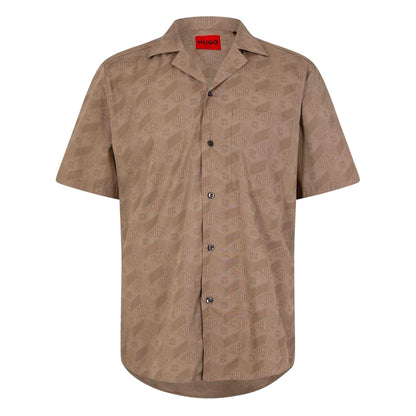Medium Brown - Front - Hugo Mens Ellino 3D Logo Short-Sleeved Bowling Shirt