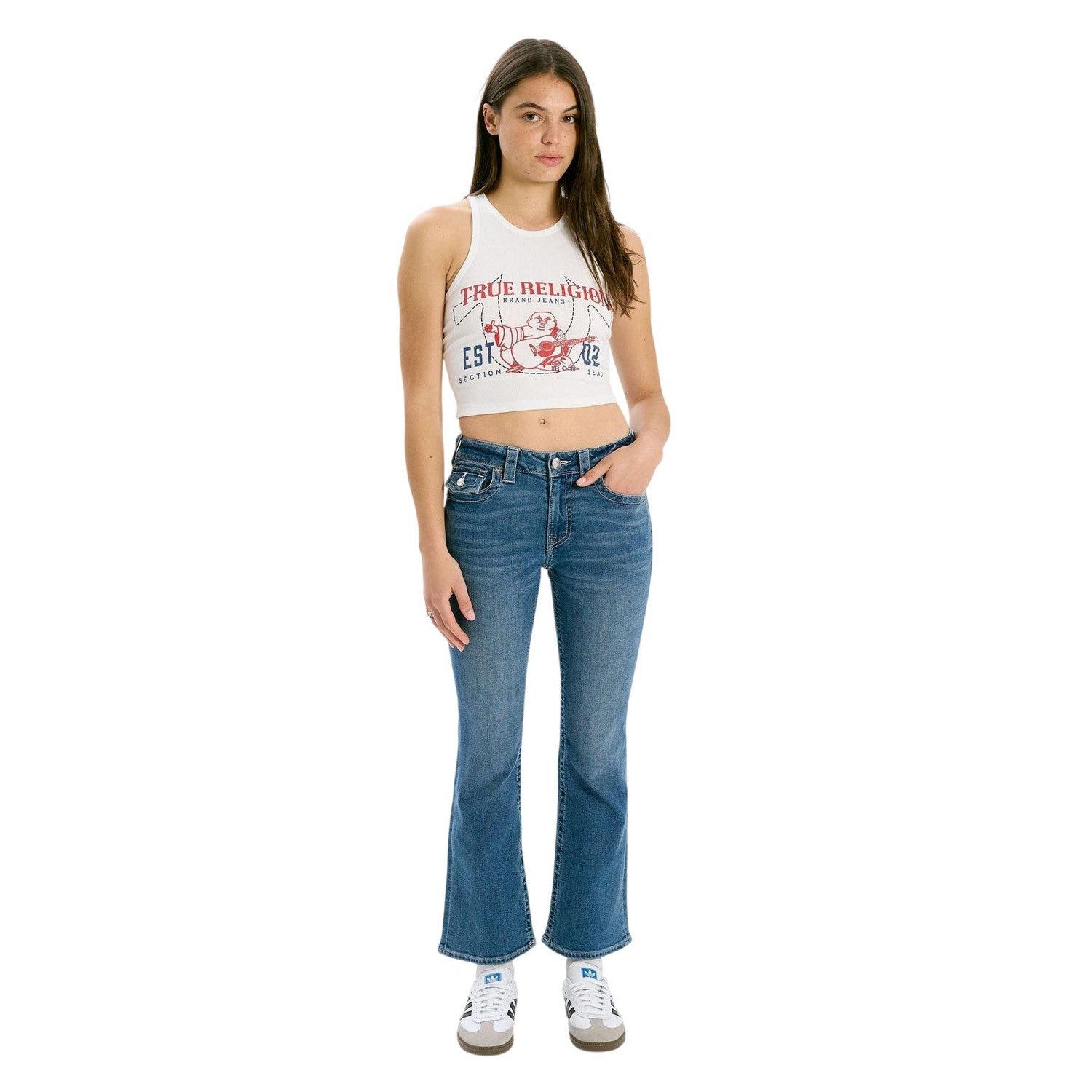 Medium Blue - Side - True Religion Womens-Ladies Flap Pocket Flared Jeans