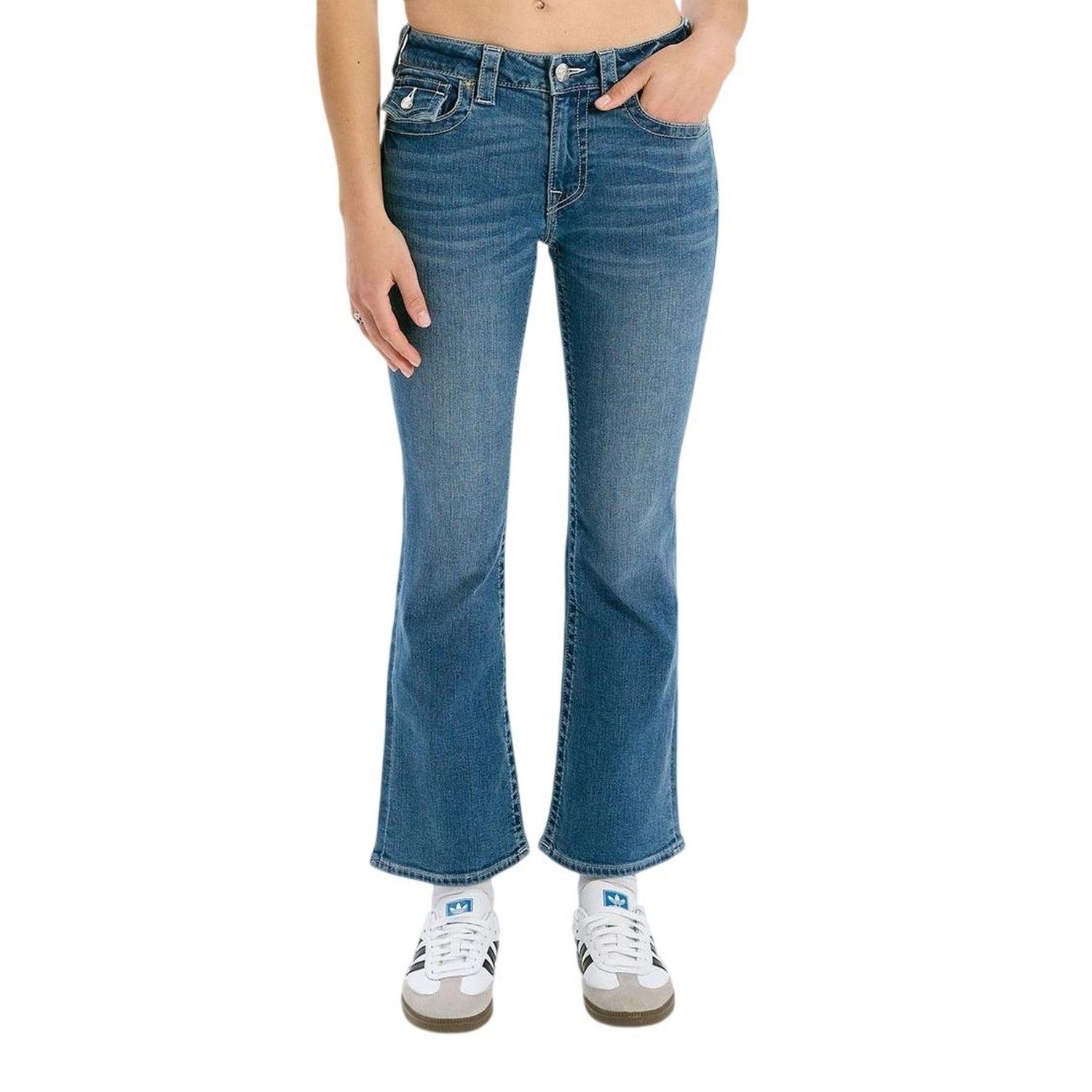 Medium Blue - Front - True Religion Womens-Ladies Flap Pocket Flared Jeans