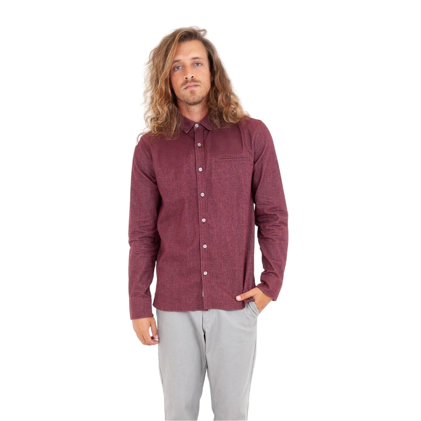 Burgundy - Side - Roamers Mens Willow Collared Long-Sleeved Shirt