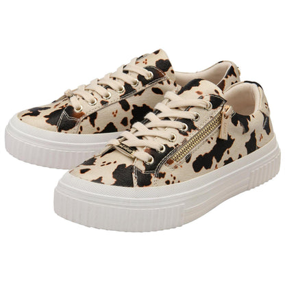 Beige-Brown - Side - Lotus Shoes Womens-Ladies Alexa Cow Print Trainers