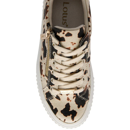 Beige-Brown - Lifestyle - Lotus Shoes Womens-Ladies Alexa Cow Print Trainers