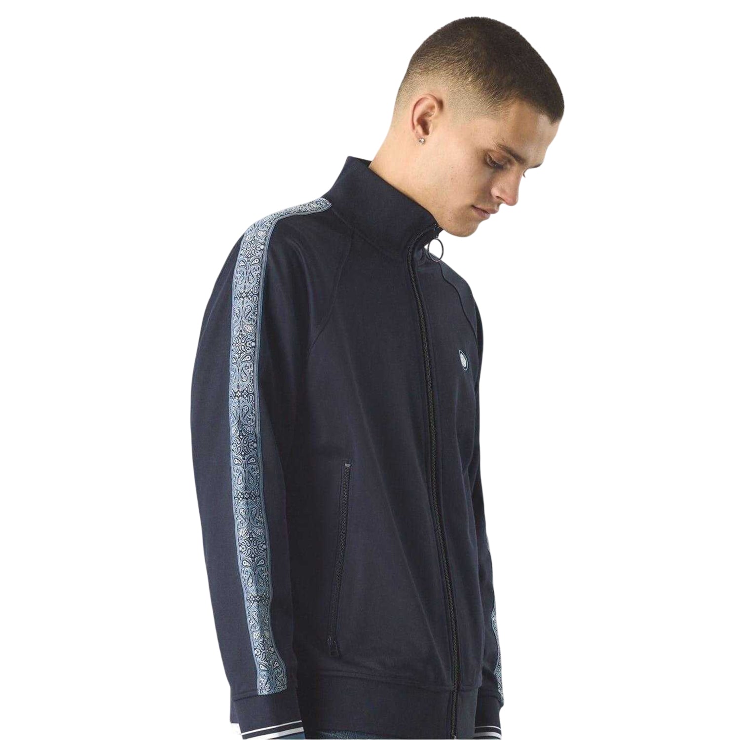 Navy - Side - Pretty Green Mens Eclipse Paisley Taped Raglan Track Top