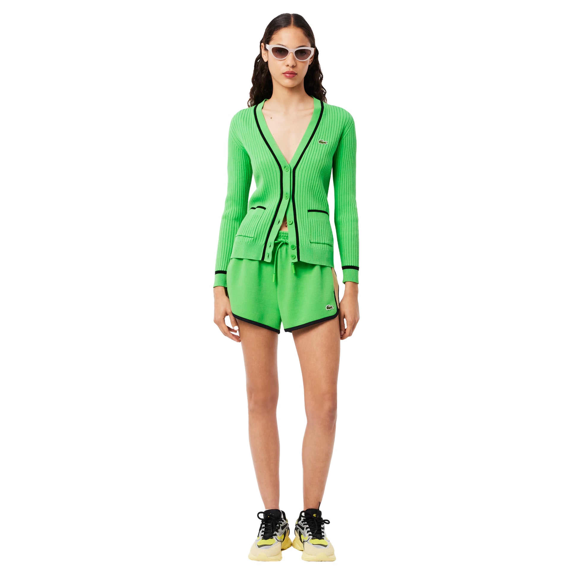Green - Pack Shot - Lacoste Womens-Ladies Pique Contrast Panel Shorts