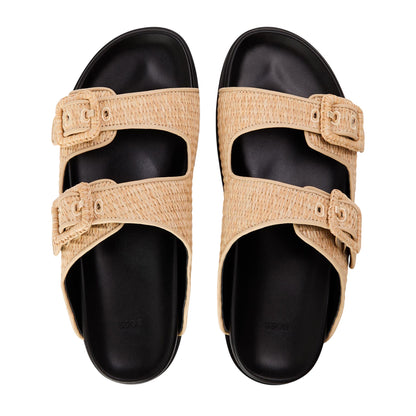 Light Beige - Side - Boss Womens-Ladies Freyah Raffia Double Buckle Flat Slippers