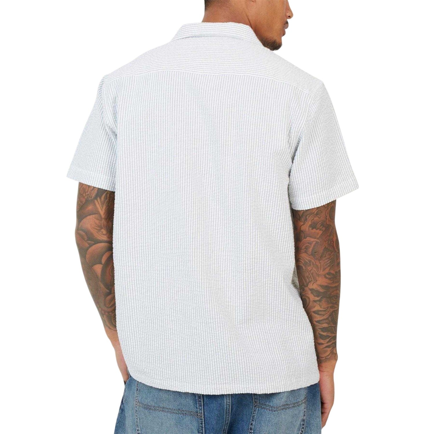 Blue-White - Back - Brave Soul Mens Pinstripe Seersucker Revere Collar Shirt
