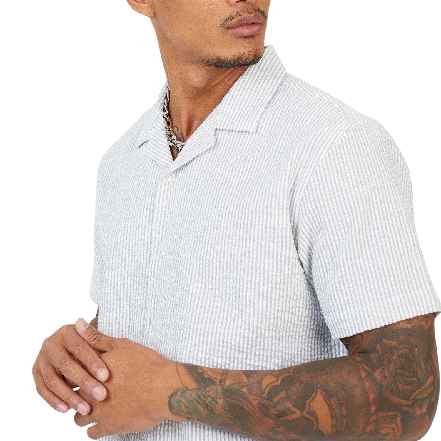 Blue-White - Side - Brave Soul Mens Pinstripe Seersucker Revere Collar Shirt