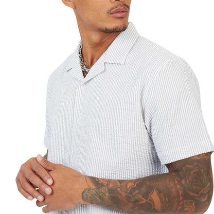 Blue-White - Side - Brave Soul Mens Pinstripe Seersucker Revere Collar Shirt