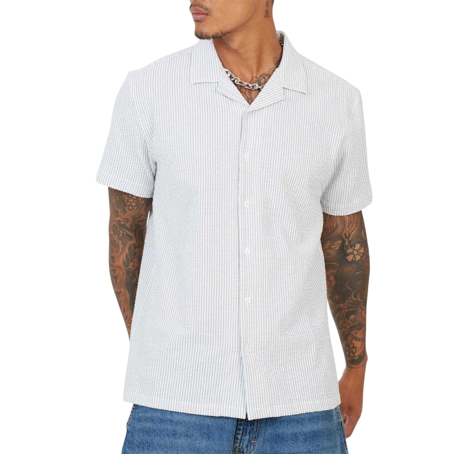 Blue-White - Front - Brave Soul Mens Pinstripe Seersucker Revere Collar Shirt