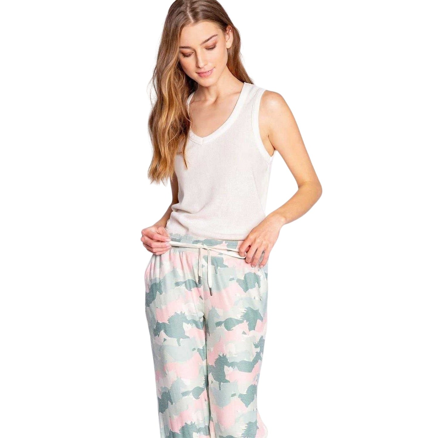 Khaki - Side - PJ Salvage Womens-Ladies Camouflage Lounge Pants