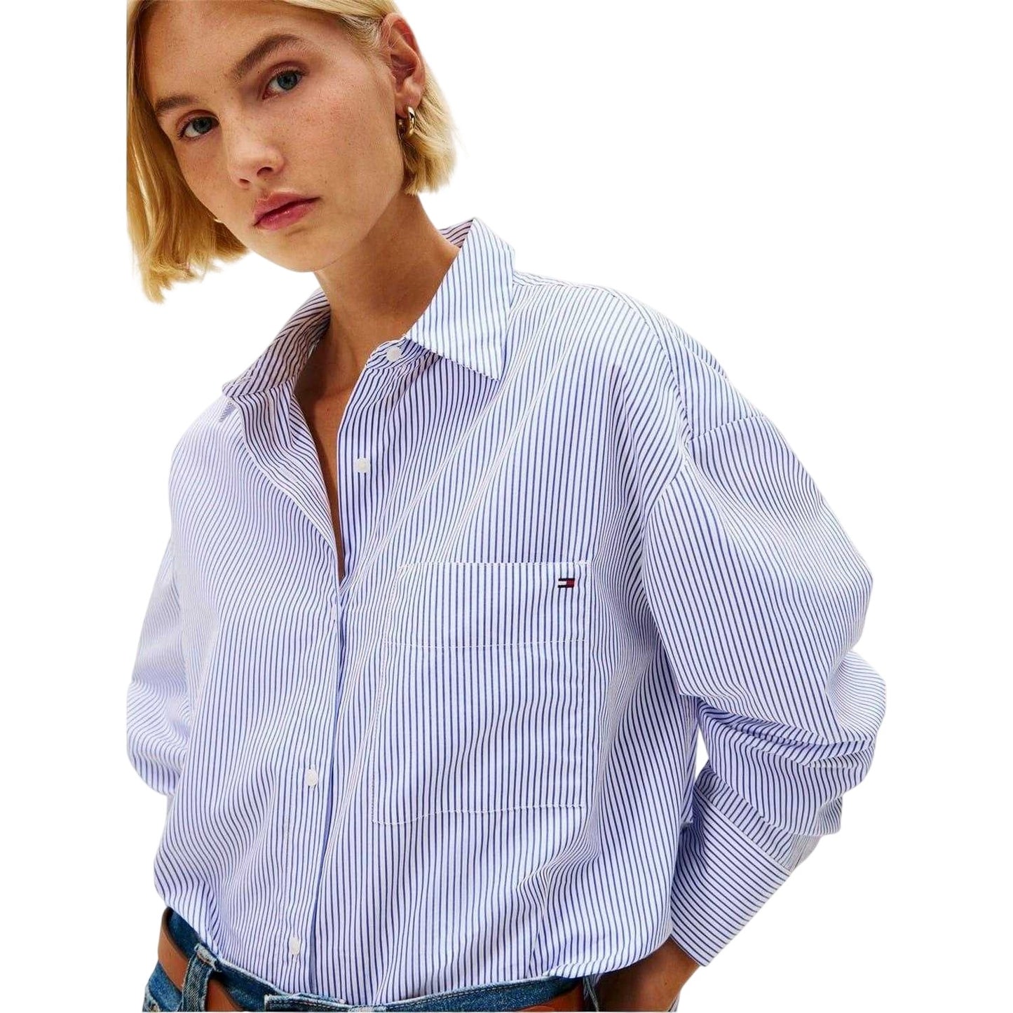 Blue - Side - Tommy Hilfiger Womens-Ladies Poplin Oversized Long-Sleeved Shirt