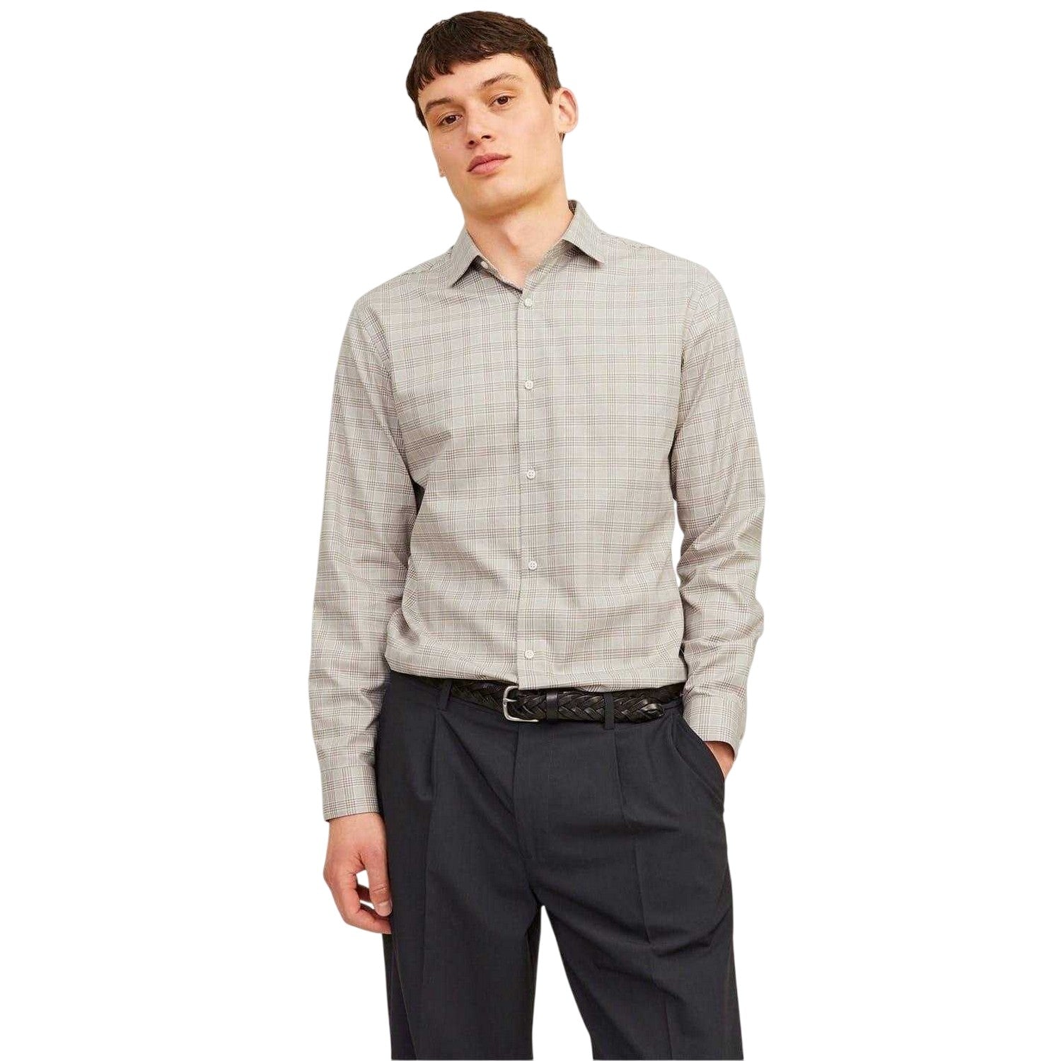 Greige - Front - Jack And Jones Mens Parker Plaid Cuffed Formal Shirt