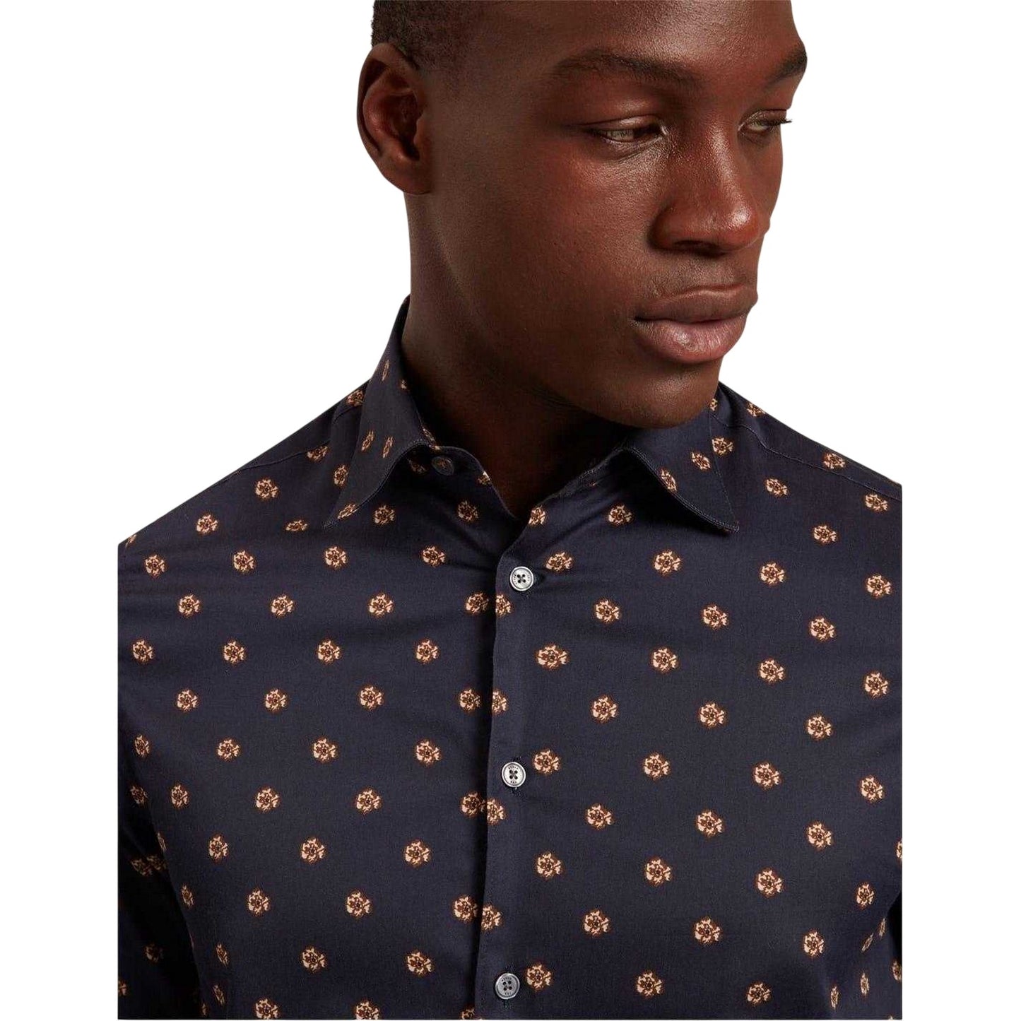 Navy - Side - Ted Baker Mens Floral Collared Long-Sleeved Shirt