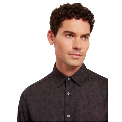 Dark Brown - Side - Ted Baker Mens Floral Collared Long-Sleeved Shirt