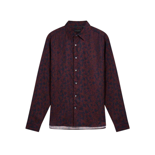 Maroon - Front - Ted Baker Mens Floral Collared Long-Sleeved Shirt