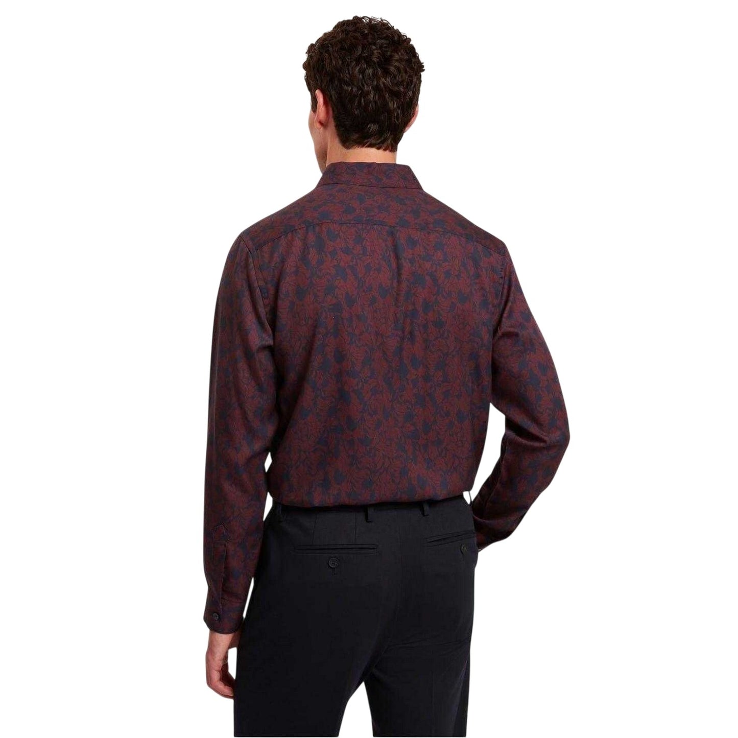 Maroon - Back - Ted Baker Mens Floral Collared Long-Sleeved Shirt