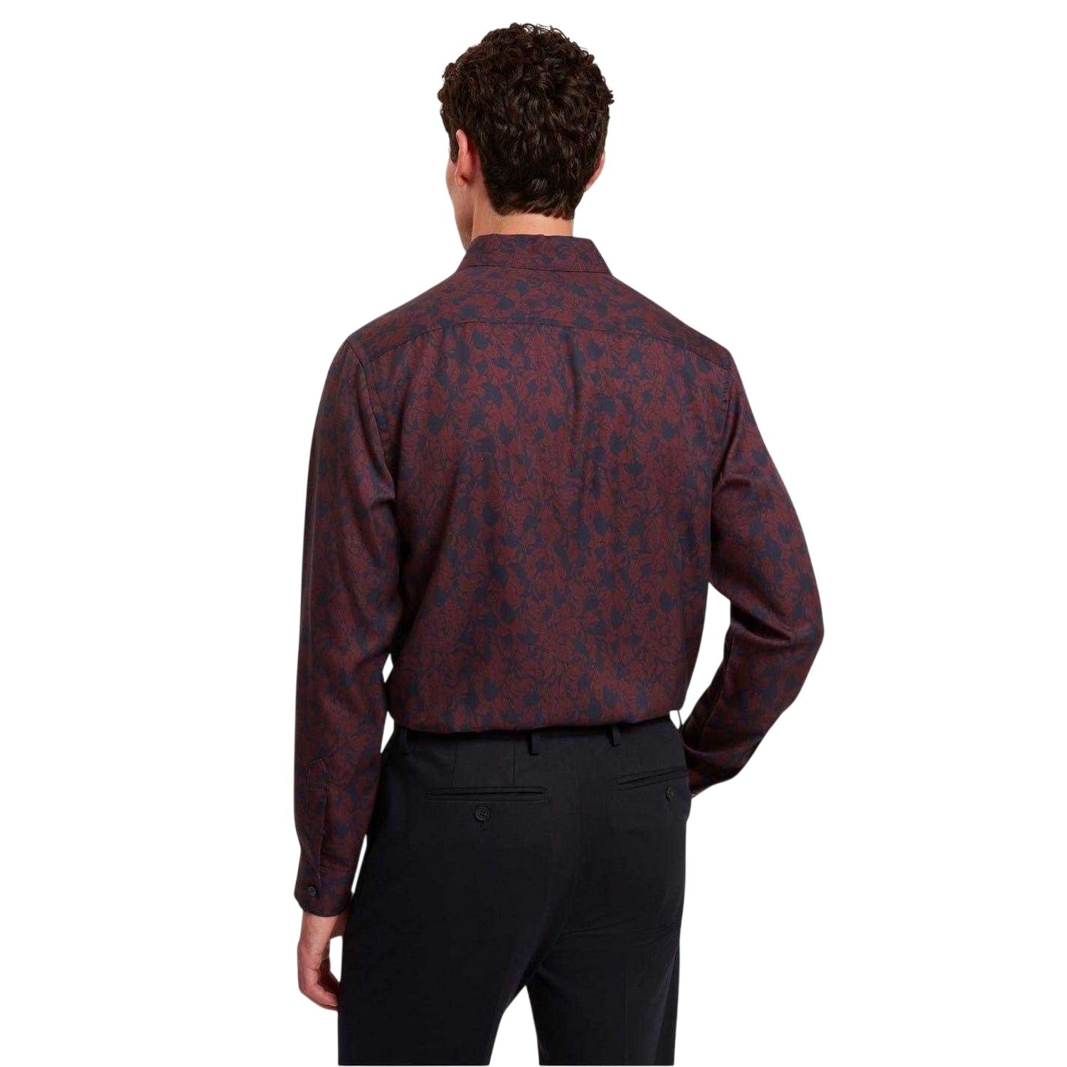 Maroon - Back - Ted Baker Mens Floral Collared Long-Sleeved Shirt